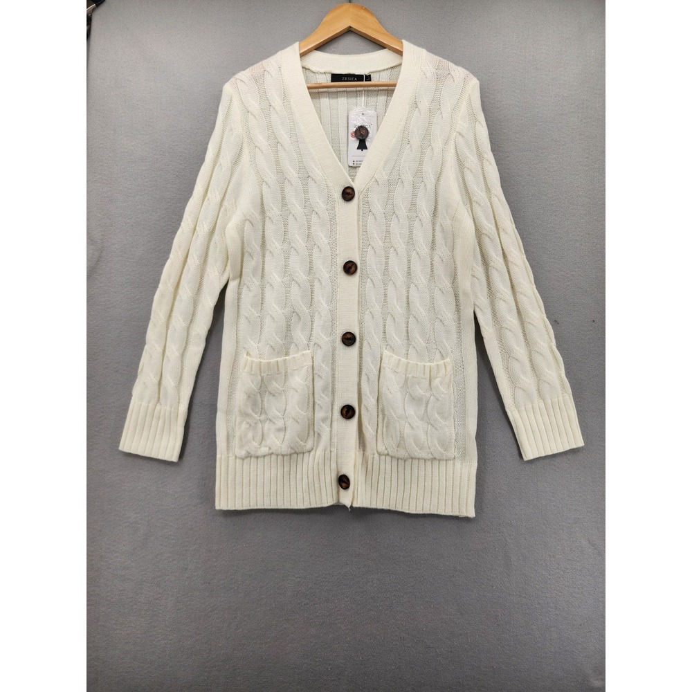 ZESICA Cream Cable Knit Cardigan Sweater Large New Button Front Pockets New